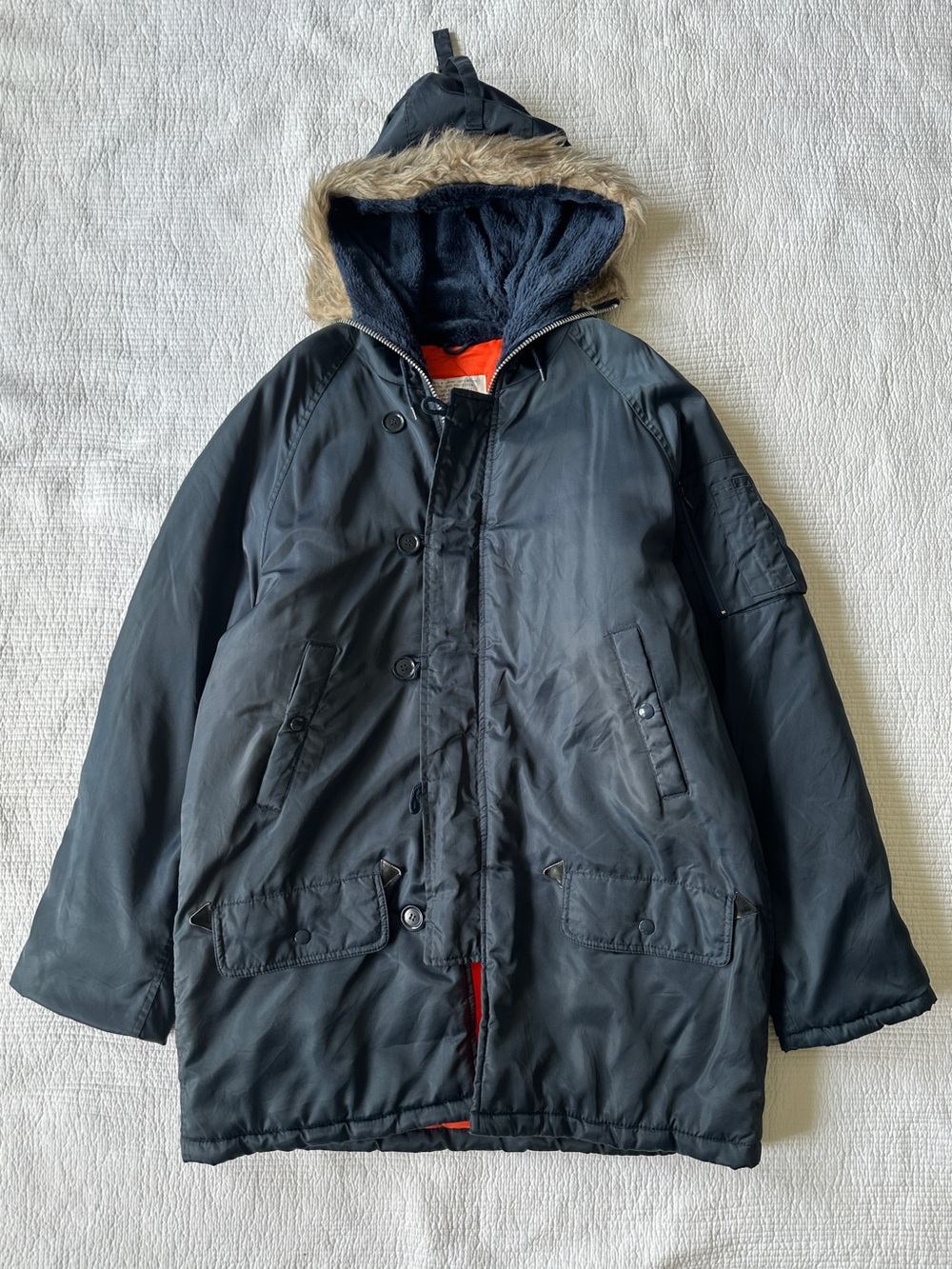 Vintage Sears Navy Hooded Military-Style Parka Jacket Coat Faux Fur Trim L Tall